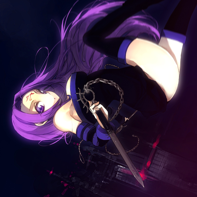 sasamori tomoe, medusa (fate), medusa (rider) (fate), fate/stay night, fate (series), 00s, 1girl, black thighhighs, dress, female focus, long hair, purple eyes, purple hair, short dress, solo, square pupils, thighhighs, thighs, weapon