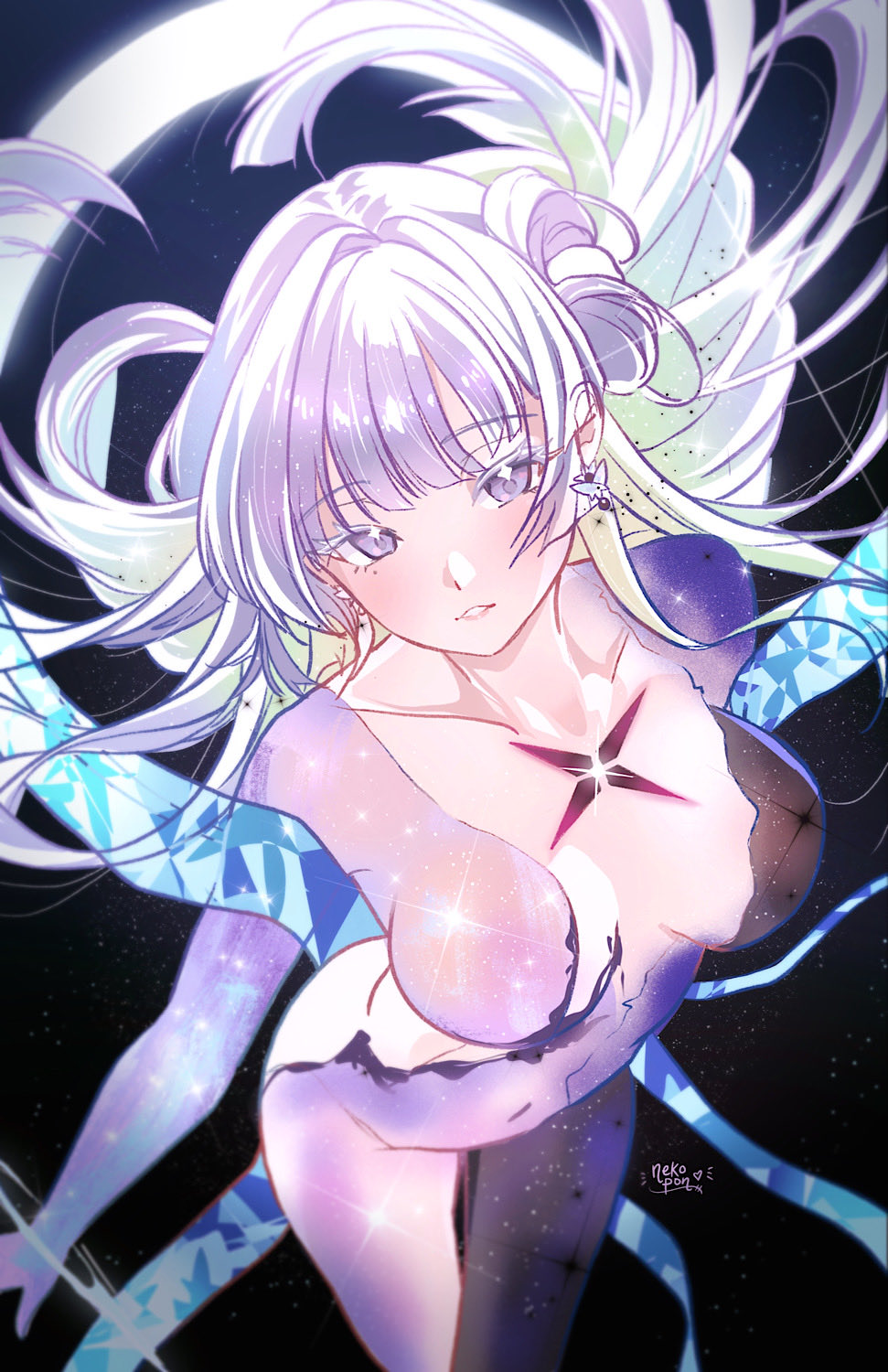 nekoponart, nayuta (nikke), goddess of victory: nikke, commentary, english commentary, highres, 1girl, breasts, long hair, looking at viewer, medium breasts, mole, mole under eye, navel, official alternate costume, solo, thick eyelashes, unusually open eyes, white hair