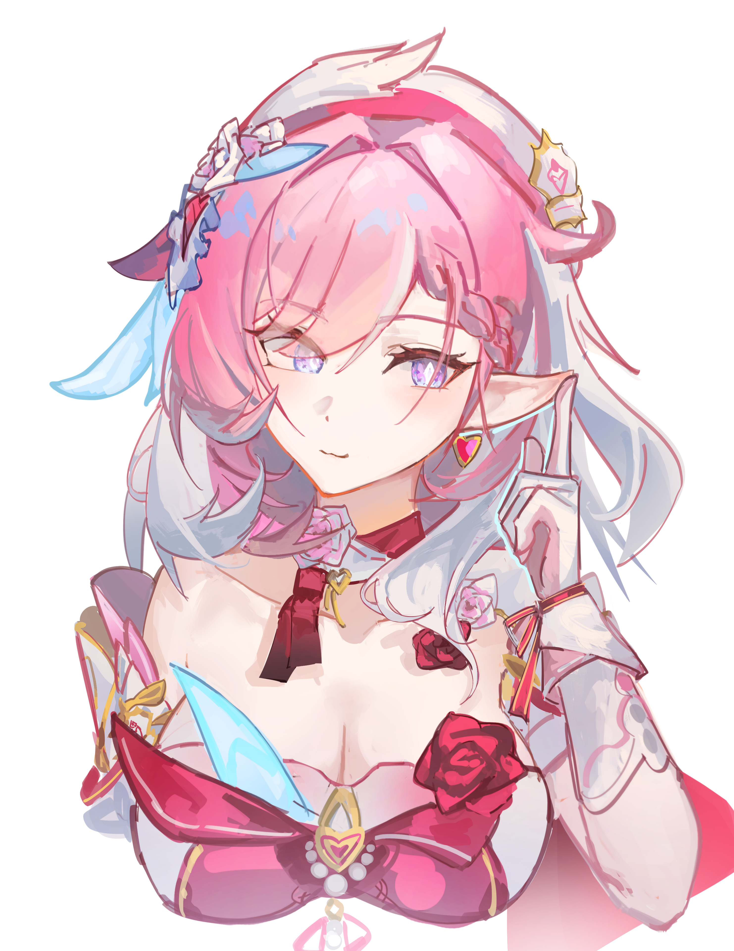 xianluojimaomao2333, elysia (hi love elf) (honkai impact), elysia (honkai impact), honkai (series), honkai impact 3rd, absurdres, chinese commentary, commentary request, highres, 1girl, beret, breasts, cleavage, cropped torso, diamond-shaped pupils, diamond (shape), dress, earrings, elf, gloves, hat, heart, heart earrings, jewelry, large breasts, long hair, multicolored hair, pink hair, pointy ears, purple eyes, red dress, simple background, smile, solo, symbol-shaped pupils, two-tone hair, very long hair, white background, white gloves, white hair