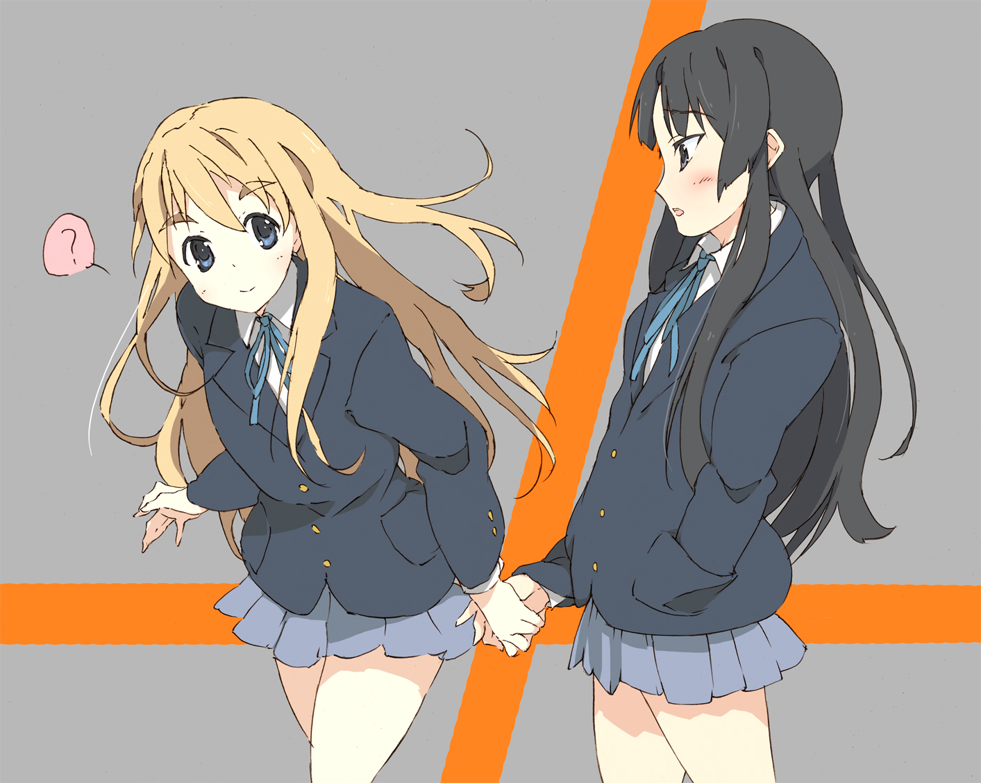 kitano yuusuke, akiyama mio, kotobuki tsumugi, k-on!, 00s, 2girls, ?, black eyes, black hair, blonde hair, blue eyes, blush, brown hair, hand in pocket, holding hands, multiple girls, school uniform, smile