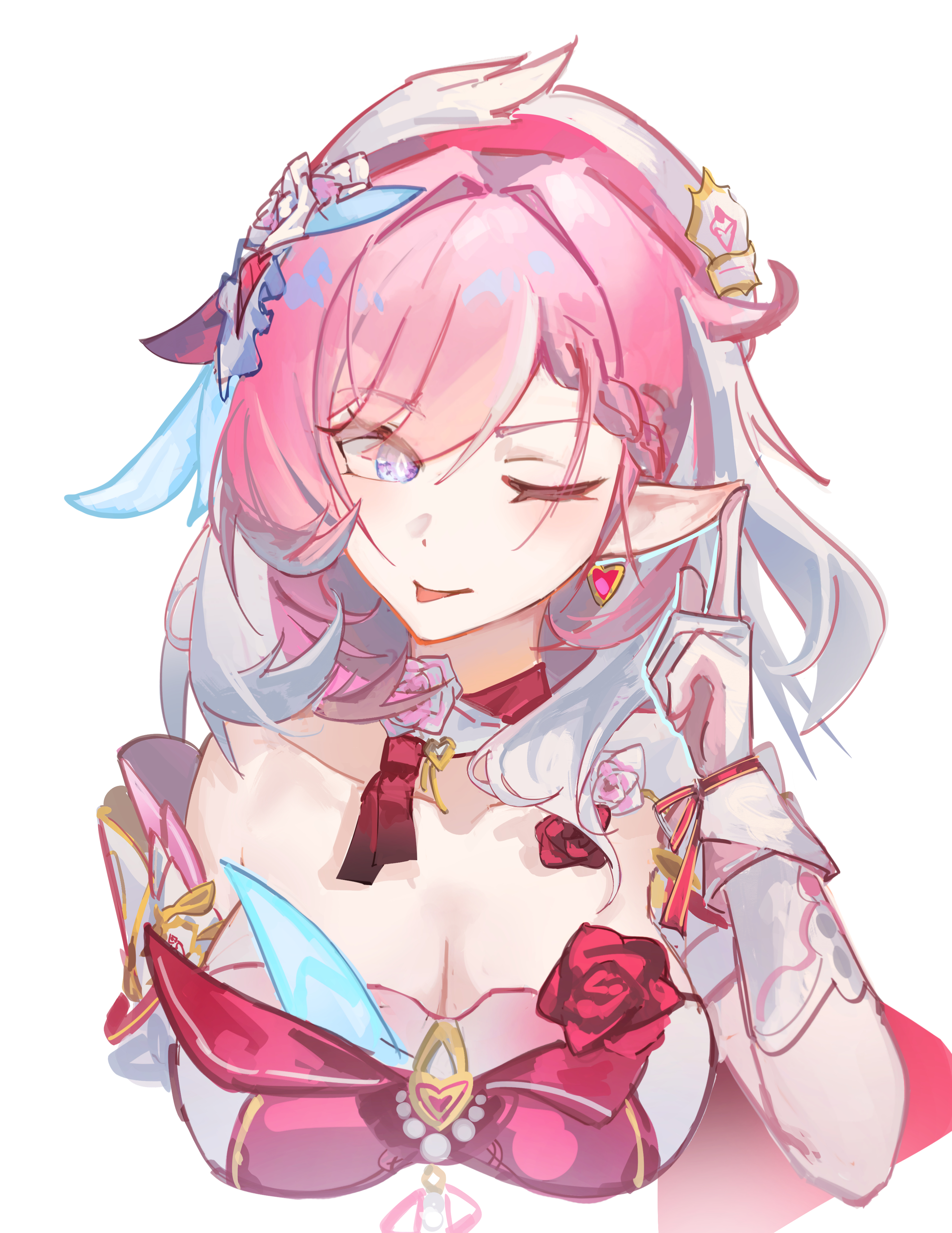 xianluojimaomao2333, elysia (hi love elf) (honkai impact), elysia (honkai impact), honkai (series), honkai impact 3rd, absurdres, chinese commentary, commentary request, highres, 1girl, ;p, beret, breasts, cleavage, cropped torso, diamond-shaped pupils, diamond (shape), dress, earrings, elf, gloves, hat, heart, heart earrings, jewelry, large breasts, long hair, multicolored hair, one eye closed, pink hair, pointy ears, purple eyes, red dress, simple background, solo, symbol-shaped pupils, tongue, tongue out, two-tone hair, very long hair, white background, white gloves, white hair