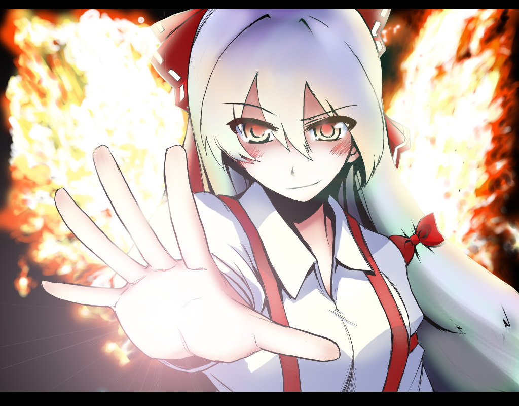 oyaji-sou, fujiwara no mokou, touhou, silver hair, bad id, bad pixiv id, 1girl, female focus, fire, foreshortening, hair ribbon, letterboxed, long hair, outstretched hand, red eyes, ribbon, solo
