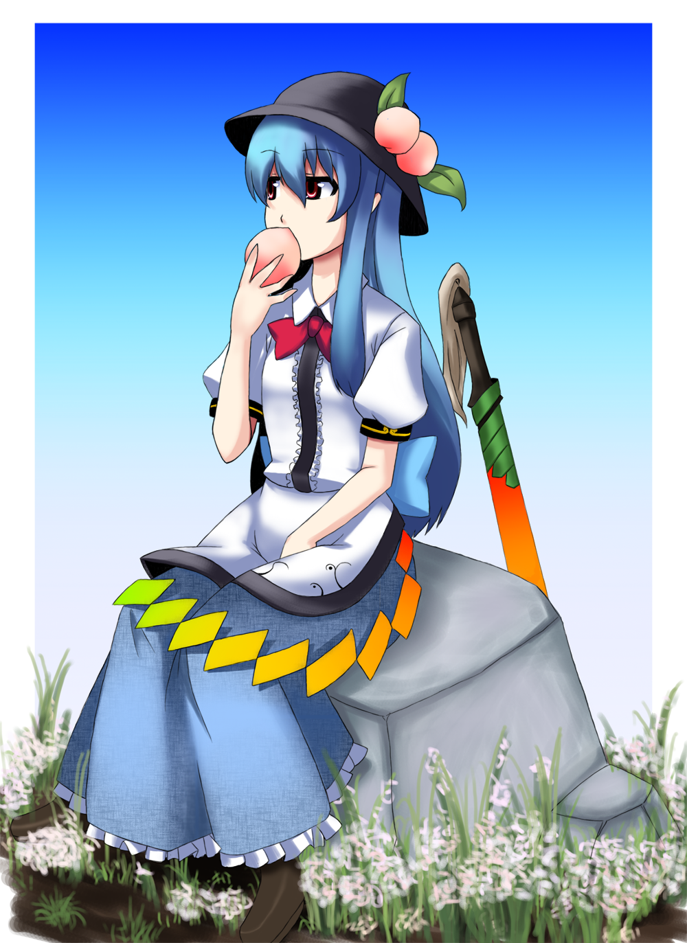 oyaji-sou, hinanawi tenshi, touhou, bad id, bad pixiv id, highres, 1girl, blue hair, eating, female focus, food, fruit, hat, holding, holding food, holding fruit, long hair, peach, red eyes, solo, sword, sword of hisou, weapon