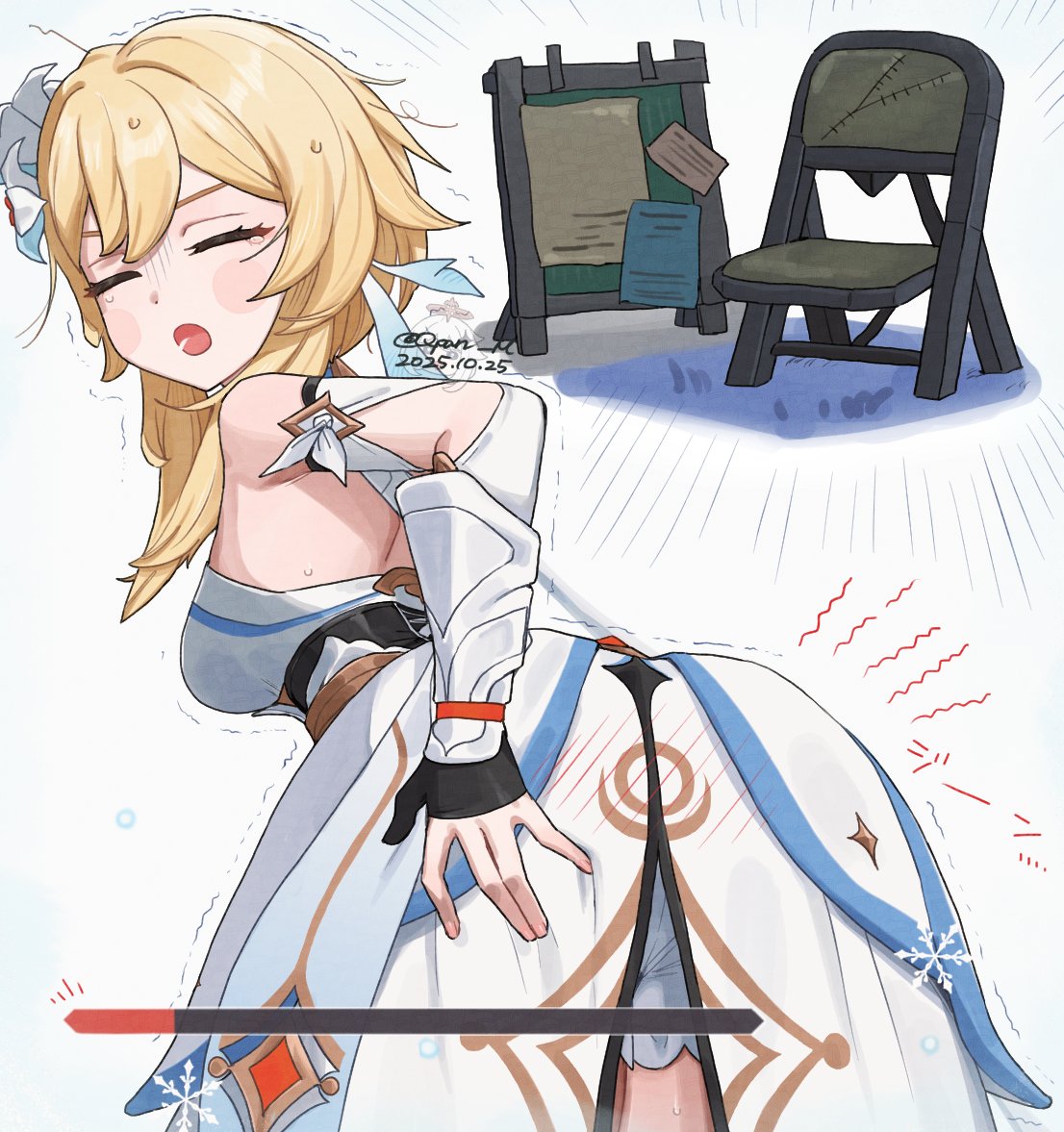 q (oshikuraq), lumine (genshin impact), genshin impact, 1girl, ass, blonde hair, blush stickers, breasts, chair, closed eyes, detached sleeves, dress, gameplay mechanics, health bar, medium breasts, message board, pain, short hair with long locks, shorts, shorts under dress, solo, white dress, white shorts