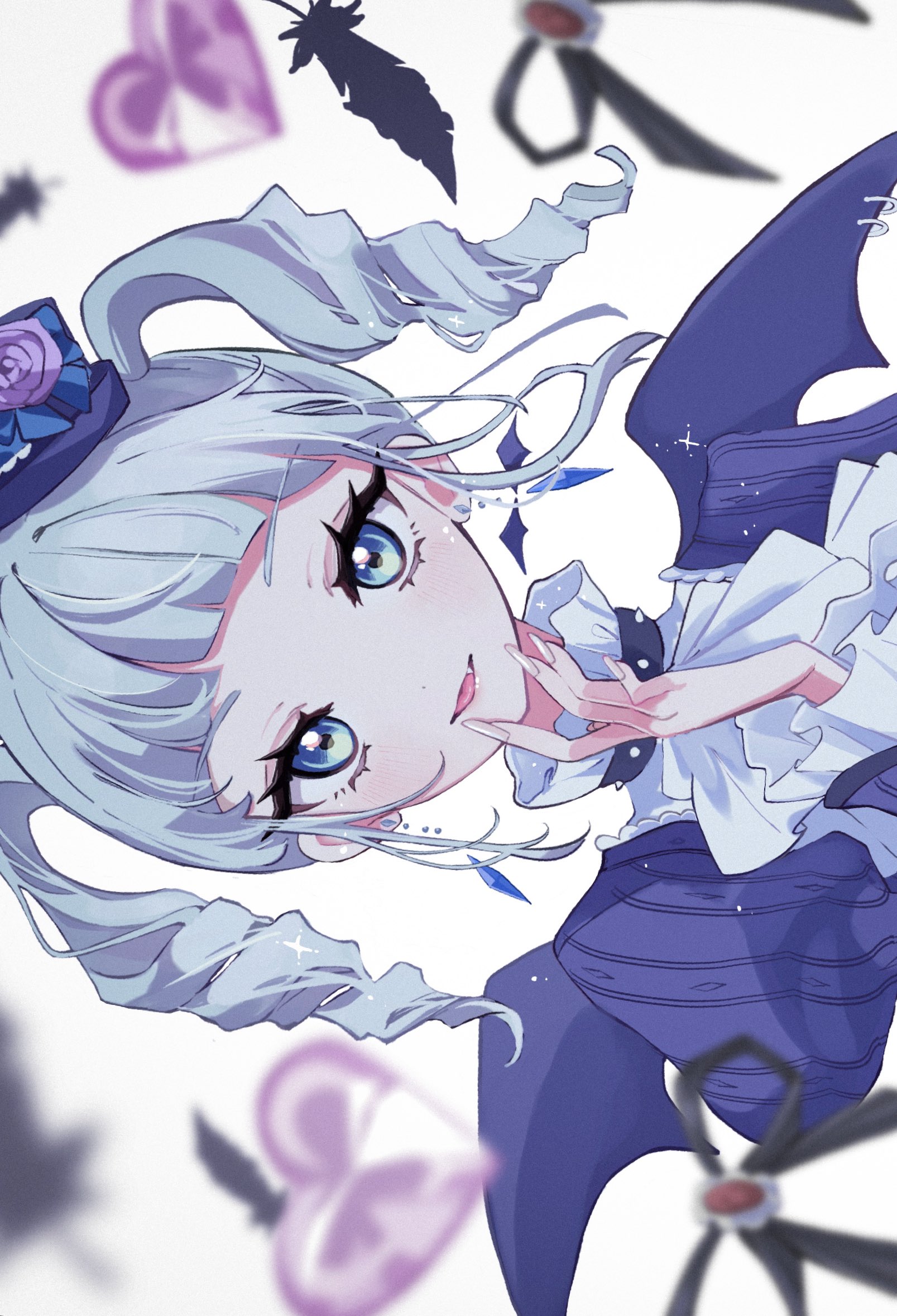 guri (ak1002s), todo yurika, aikatsu! (series), highres, 1girl, blue eyes, blurry, blurry foreground, collar, depth of field, earrings, fang, feathers, fingernails, frilled collar, frilled sleeves, frills, gem, grey hair, heart-shaped gem, jewelry, long fingernails, looking at viewer, purple gemstone, ribbon, ringlets, sidelocks, sideways, simple background, smile, solo, tilted headwear, twintails, upper body, white background