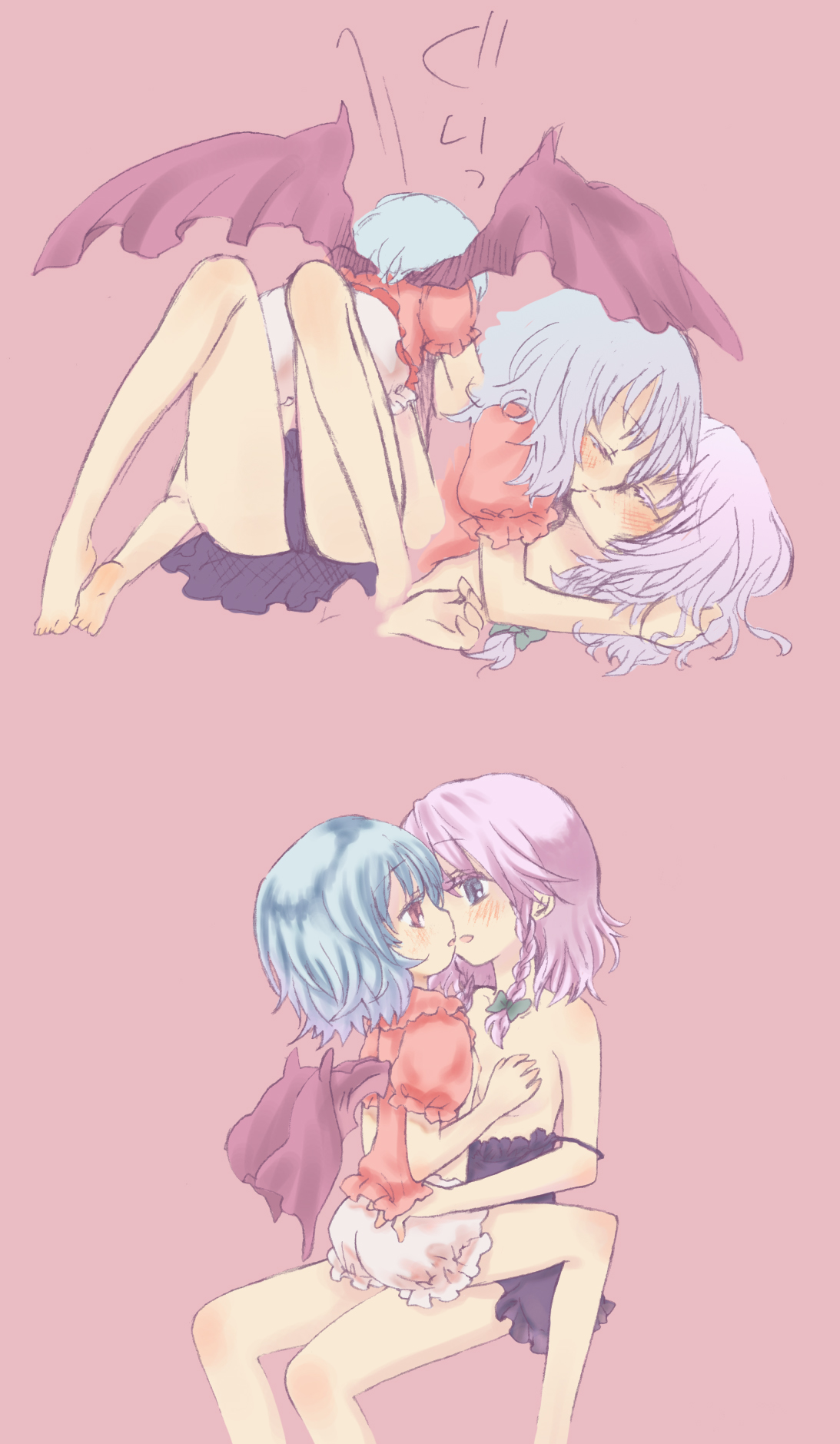 rias-shiki kawaii, izayoi sakuya, remilia scarlet, touhou, silver hair, bad id, bad pixiv id, highres, 2girls, barefoot, bat wings, bloomers, blue eyes, blue hair, blush, braid, breasts, feet, female focus, flat chest, hair ribbon, lingerie, multiple girls, nightgown, red eyes, ribbon, short hair, sketch, small breasts, twin braids, underwear, wings, yuri