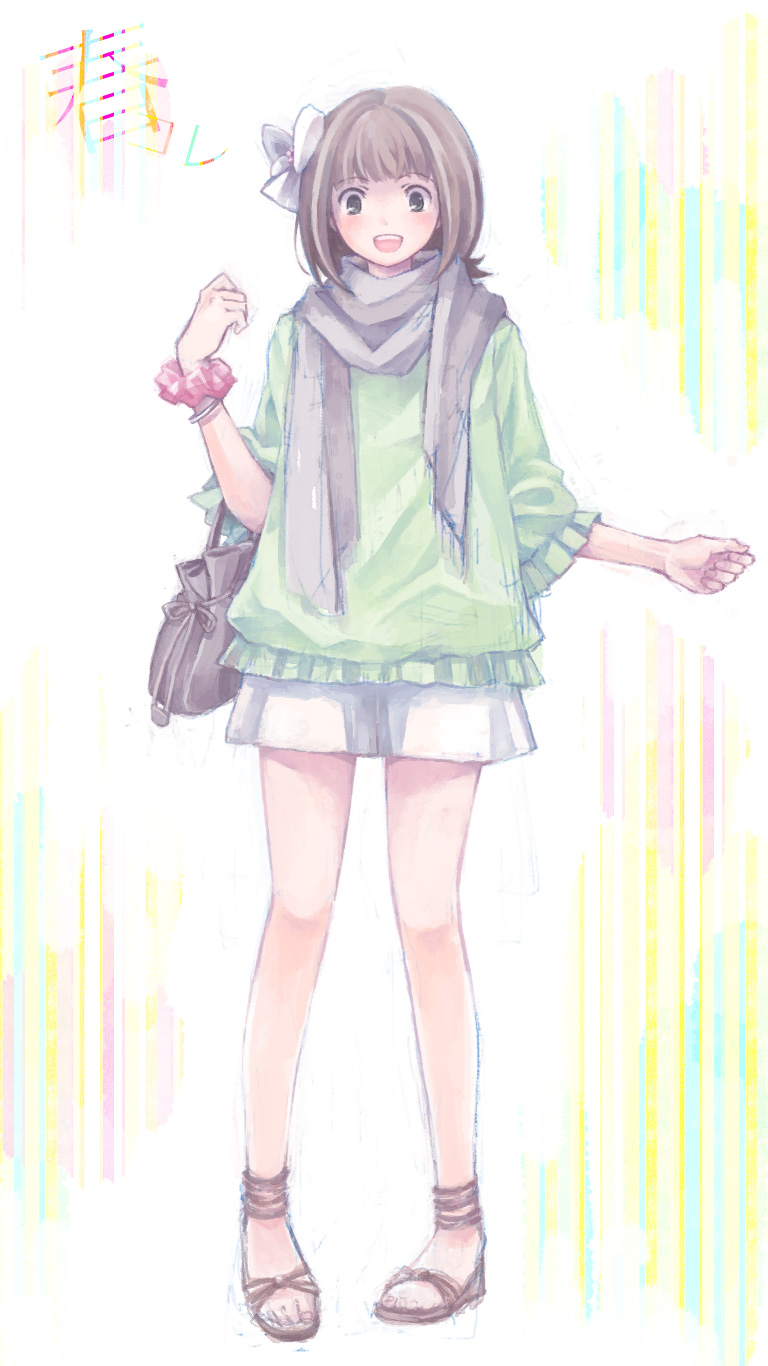 nogoodlife, amami haruka, idolmaster, idolmaster (classic), idolmaster 1, highres, 00s, 1girl, bag, black eyes, blush, bob cut, bow, bracelet, brown hair, casual, female focus, green eyes, green shirt, hair bow, hair ornament, happy, jewelry, laughing, legs, miniskirt, sandals, scarf, shirt, shoes, short hair, skirt, smile, solo, standing, sweater, wristband