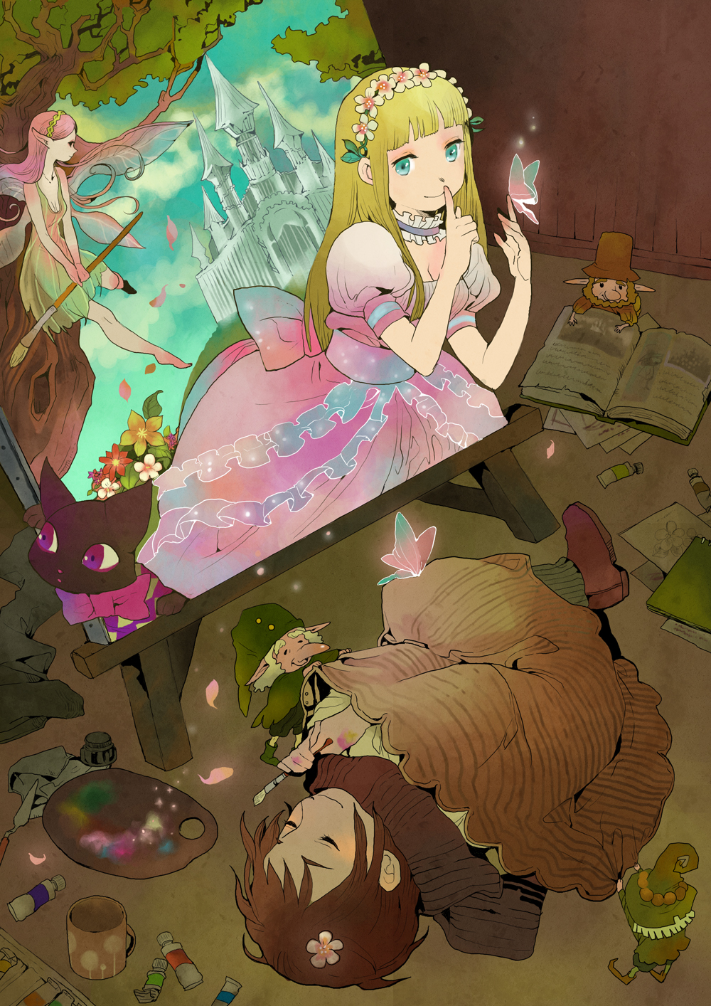 kotetsu (popeethe), original, bad id, bad pixiv id, highres, 2girls, 3boys, art brush, blonde hair, book, brown hair, bug, butterfly, castle, cat, closed eyes, dreaming, easel, elf, fairy, flower, insect, multiple boys, multiple girls, paint palette, paintbrush, pointy ears, size difference, sleeping, through medium, through painting, wings