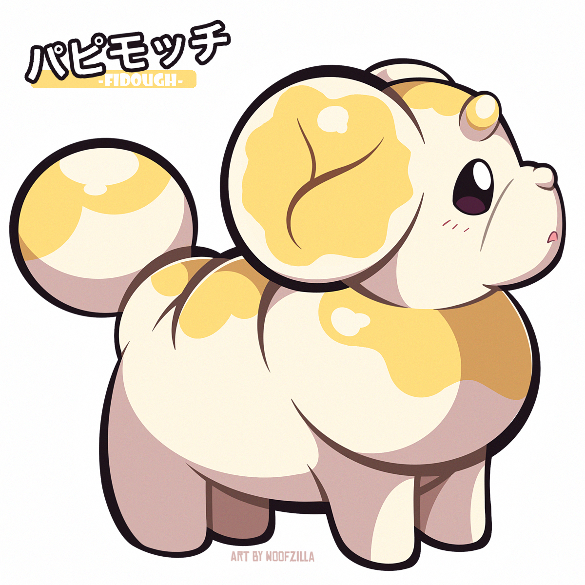 woofzilla, fidough, nintendo, pokemon, commentary, english commentary, highres, translation request, artist name, black eyes, bright pupils, character name, full body, no humans, parted lips, pokemon (creature), simple background, solo, white background, white pupils