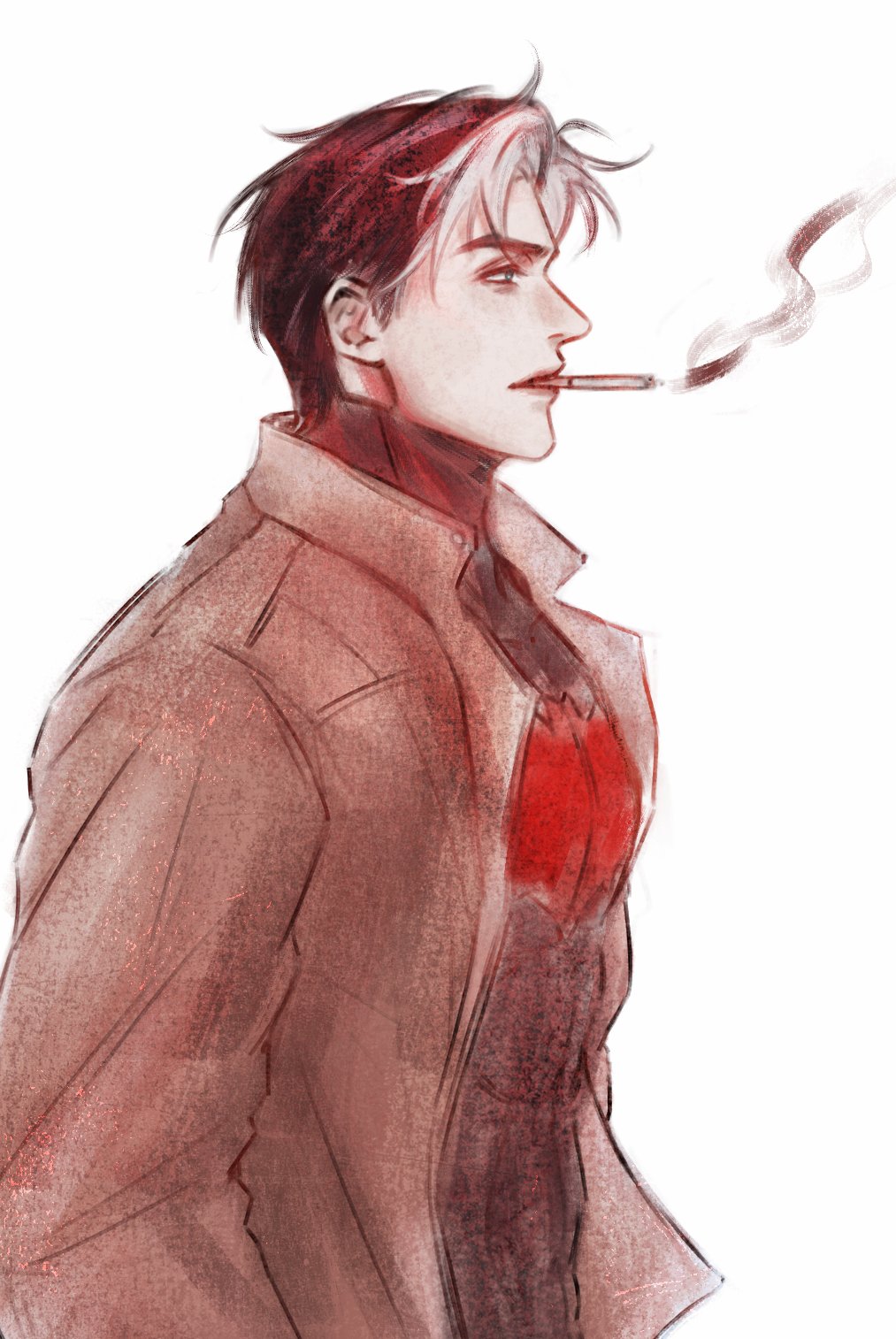 jason todd, red hood (dc), batman (series), dc comics, highres, bat signal, batman symbol, black bodysuit, black hair, blue eyes, bodysuit, brown jacket, grey bodysuit, jacket, jiangchunwei7, male focus, multicolored bodysuit, multicolored hair, muscular, muscular male, open clothes, red hood and the outlaws, short hair, smoking, superhero costume, taut bodysuit, two-tone bodysuit, two-tone hair