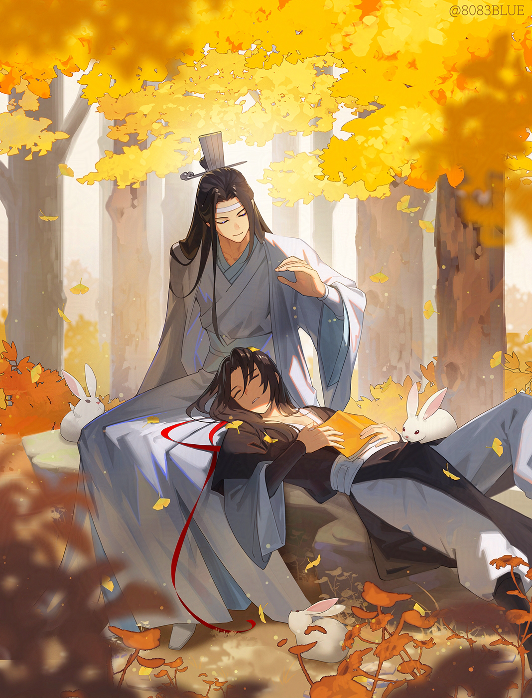 8083 blue, lan wangji, wei wuxian, modao zushi, commentary request, highres, 2boys, autumn, black hair, book, chinese clothes, closed eyes, flower, forest, grey pants, hairband, hanfu, light particles, long hair, lying, male focus, multiple boys, nature, on back, open book, outdoors, pants, sleeping, smile, white flower, white hairband, yaoi