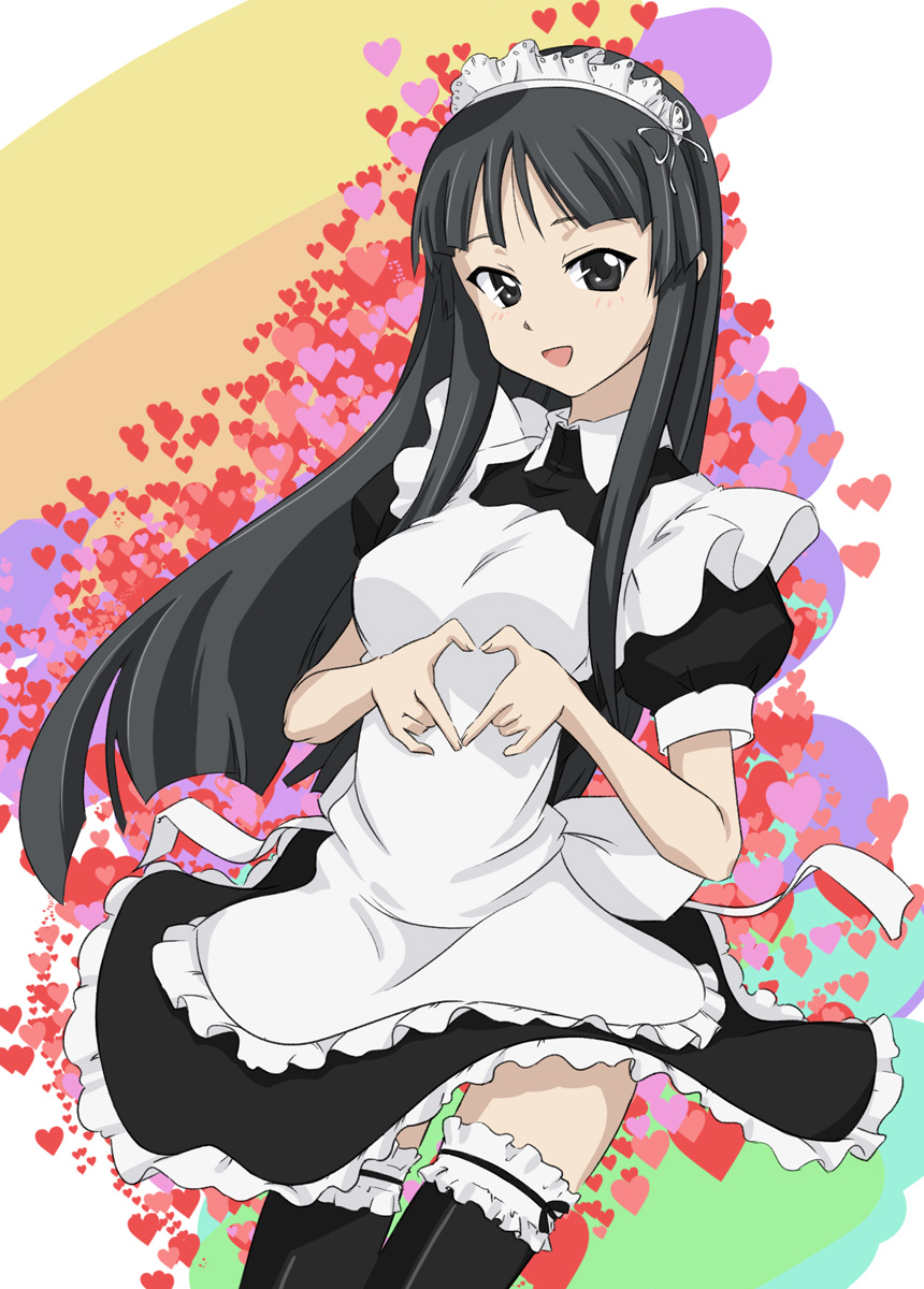 takahashi ren, akiyama mio, k-on!, highres, 00s, 1girl, alternate costume, black eyes, black hair, black thighhighs, breasts, cowboy shot, enmaided, female focus, frilled thighhighs, frills, heart, heart hands, lolita fashion, long hair, maid, maid headdress, moe moe kyun!, solo, thighhighs