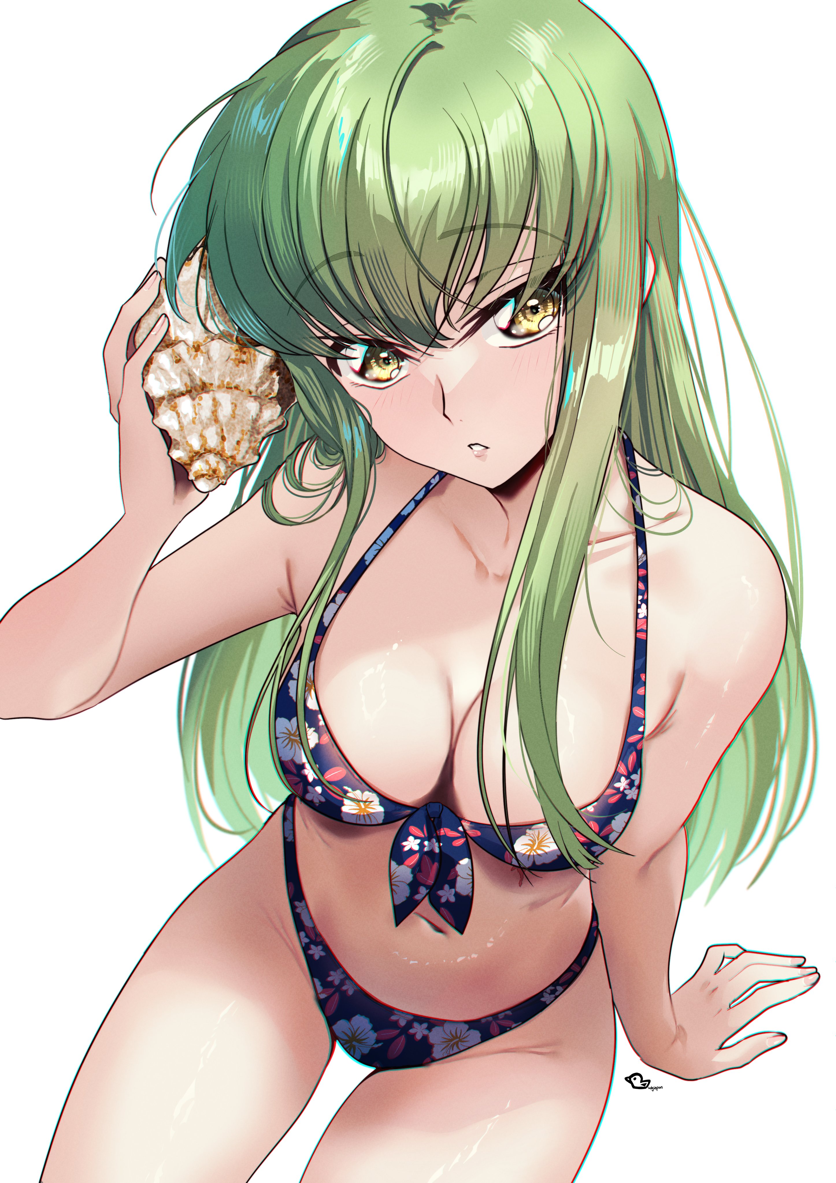 budgiepon, c.c., code geass, absurdres, highres, 1girl, arm support, bikini, breasts, cleavage, collarbone, floral print, floral print bikini, green hair, holding, holding shell, long hair, looking at viewer, medium breasts, navel, parted lips, print bikini, seashell, shell, simple background, solo, stomach, swimsuit, very long hair, white background, yellow eyes