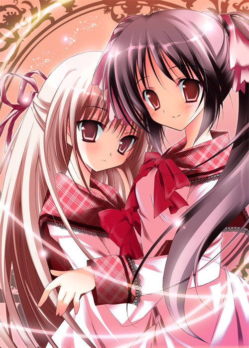mizusawa mimori, natsuki coco, 2girls, black hair, blonde hair, brown eyes, hug, long hair, multiple girls, red eyes, ribbon