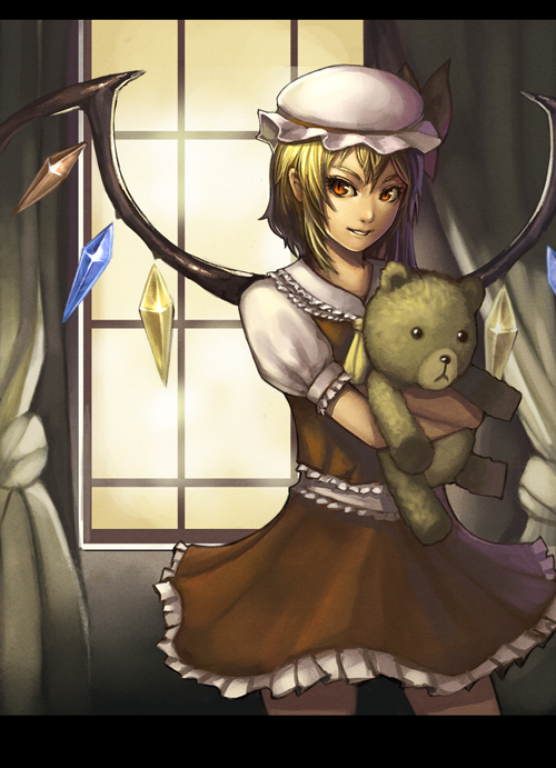 lieqi hun, flandre scarlet, touhou, bad id, bad pixiv id, 1girl, blonde hair, doll, female focus, hat, hugging doll, hugging object, letterboxed, red eyes, short hair, smile, solo, stuffed animal, stuffed toy, teddy bear, wings