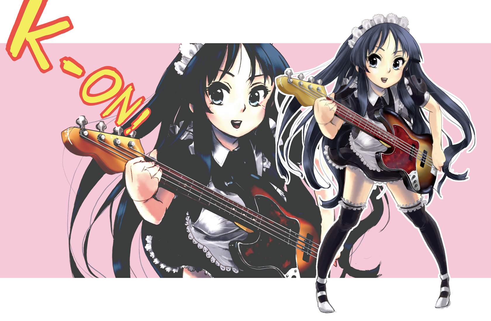 bt (shio oninko), buri, akiyama mio, k-on!, bad id, bad pixiv id, highres, 00s, 1girl, alternate costume, bass guitar, black eyes, black hair, enmaided, female focus, frilled thighhighs, frills, guitar, instrument, long hair, maid, maid headdress, solo, thighhighs, zoom layer