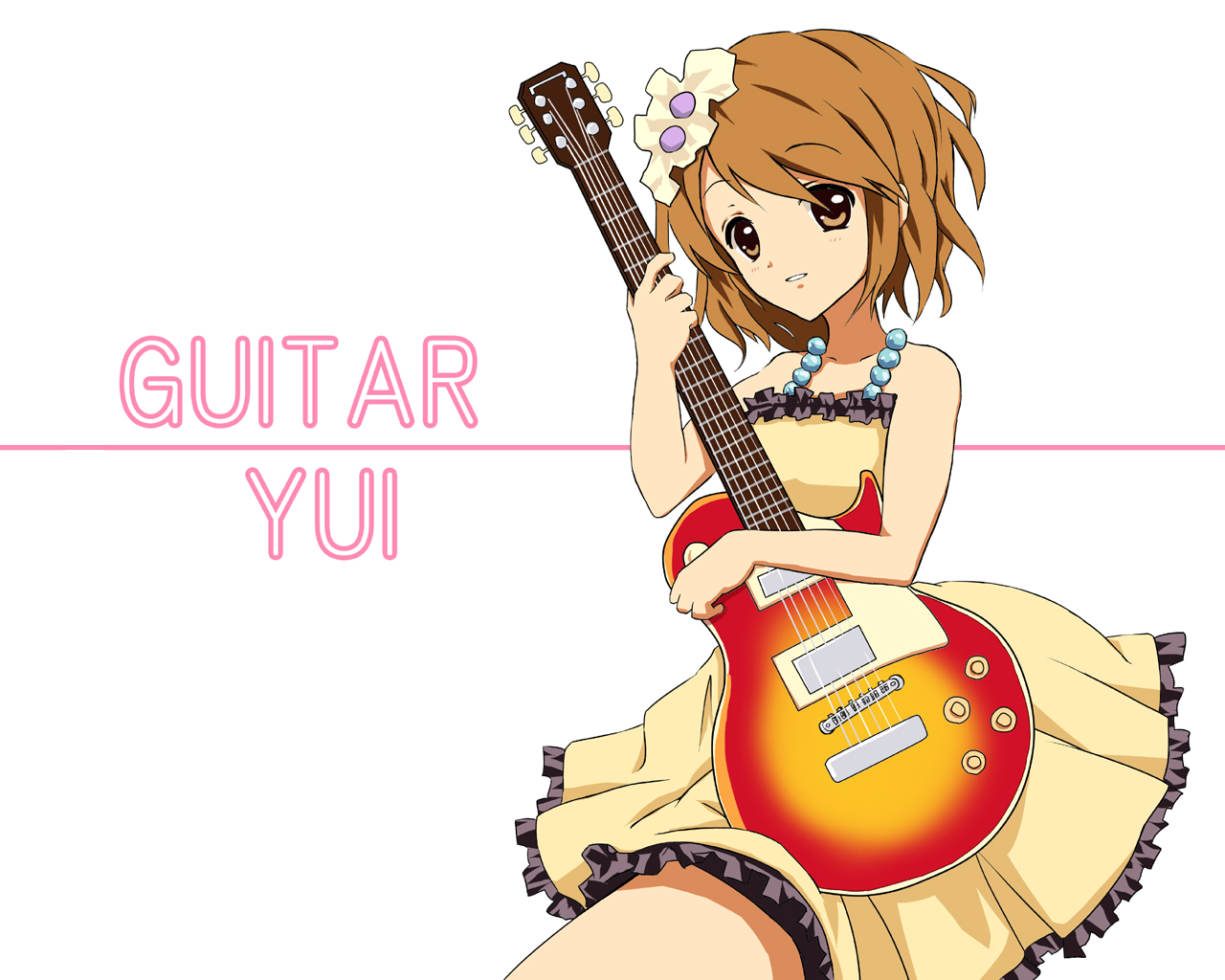 kuroi hitsuji, hirasawa yui, don't say "lazy", k-on!, bad id, bad pixiv id, 00s, 1girl, brown eyes, brown hair, dress, female focus, gibson les paul, guitar, instrument, short hair, solo