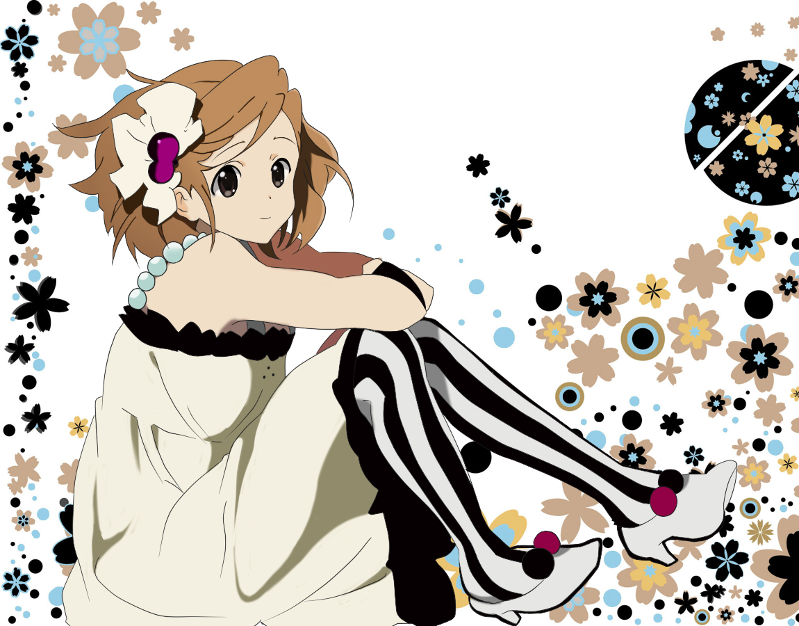 miracle (miracle1980), hirasawa yui, don't say "lazy", k-on!, 00s, 1girl, brown eyes, brown hair, dress, female focus, pantyhose, short hair, solo, striped clothes, striped pantyhose, vertical-striped clothes, vertical-striped pantyhose