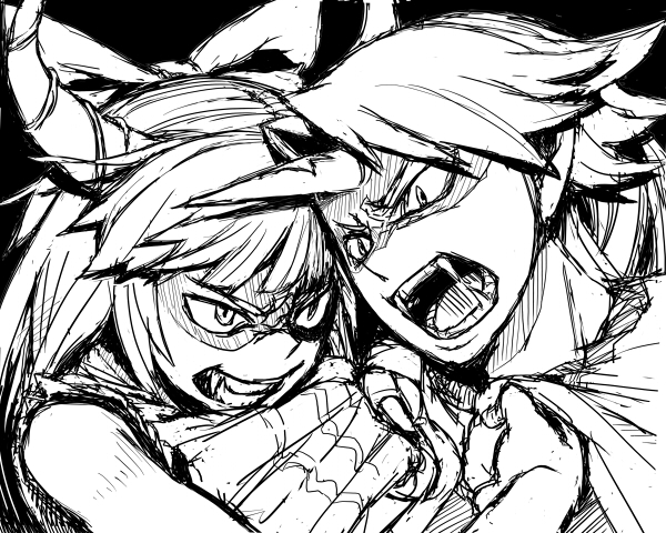 akka, hoshiguma yuugi, ibuki suika, touhou, bad id, bad pixiv id, 2girls, angry, fangs, female focus, greyscale, horns, long hair, monochrome, multiple girls, oni, single horn