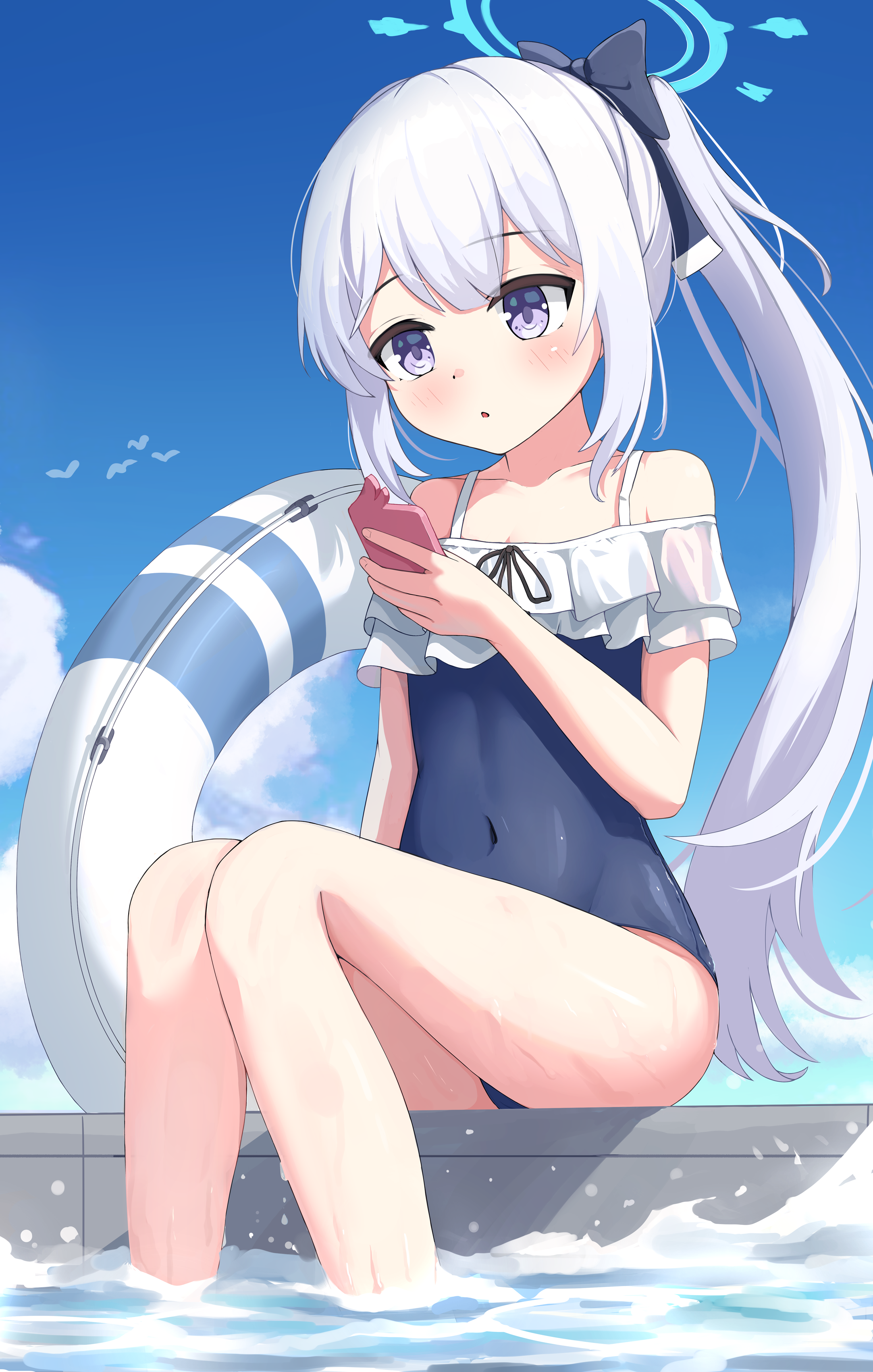 sillyprim, miyako (blue archive), miyako (swimsuit) (blue archive), blue archive, absurdres, highres, bare legs, bare shoulders, blue halo, blue sky, blush, bow, cellphone, cloud, covered navel, day, feet out of frame, hair bow, halo, holding, holding phone, innertube, long hair, off shoulder, official alternate costume, outdoors, parted lips, phone, ponytail, purple eyes, sidelocks, sitting, sky, smartphone, solo, spaghetti strap, swim ring, swimsuit, very long hair, water, wet, white hair
