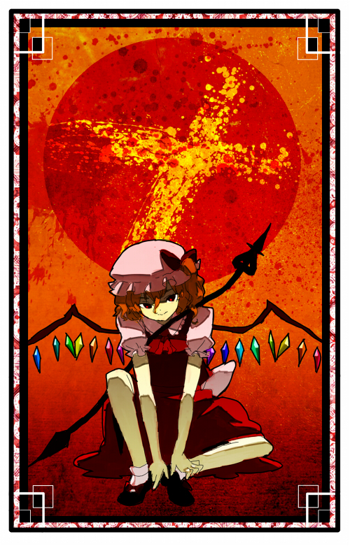 akka, flandre scarlet, touhou, bad id, bad pixiv id, 1girl, blonde hair, collared shirt, female focus, full body, hat, mob cap, orange background, red eyes, shirt, short hair, sitting, socks, solo, white socks, wings