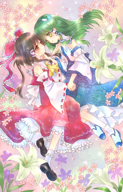 torii sumi, hakurei reimu, kochiya sanae, touhou, 2girls, bow, brown eyes, brown hair, cherry blossoms, detached sleeves, eye contact, female focus, flower, frills, frog, green eyes, green hair, hair bow, hair ornament, holding hands, japanese clothes, large bow, lily (flower), long hair, looking at another, mary janes, miko, multiple girls, sarashi, shoes, short hair, smile, snake, yuri