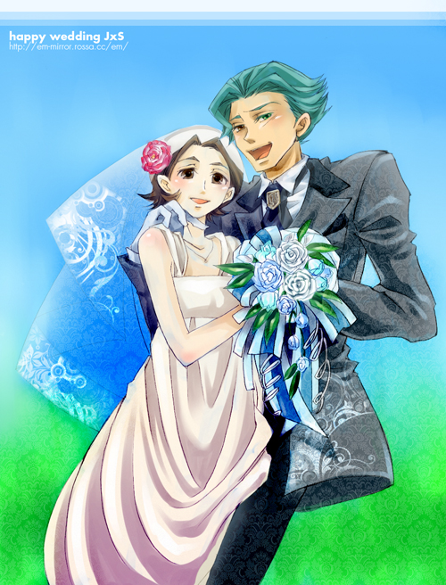 em-mirror, jeremiah gottwald, shinozaki sayoko, code geass, 00s, blush, bouquet, brown eyes, brown hair, dress, flower, hair flower, hair ornament, heterochromia, smile, veil, wedding, wedding dress