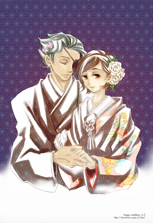 em-mirror, jeremiah gottwald, shinozaki sayoko, code geass, 00s, 1boy, 1girl, asa no ha (pattern), bride, brown eyes, brown hair, couple, eyepatch, flower, hair flower, hair ornament, hetero, holding hands, japanese clothes, kimono, uchikake, wedding, white kimono