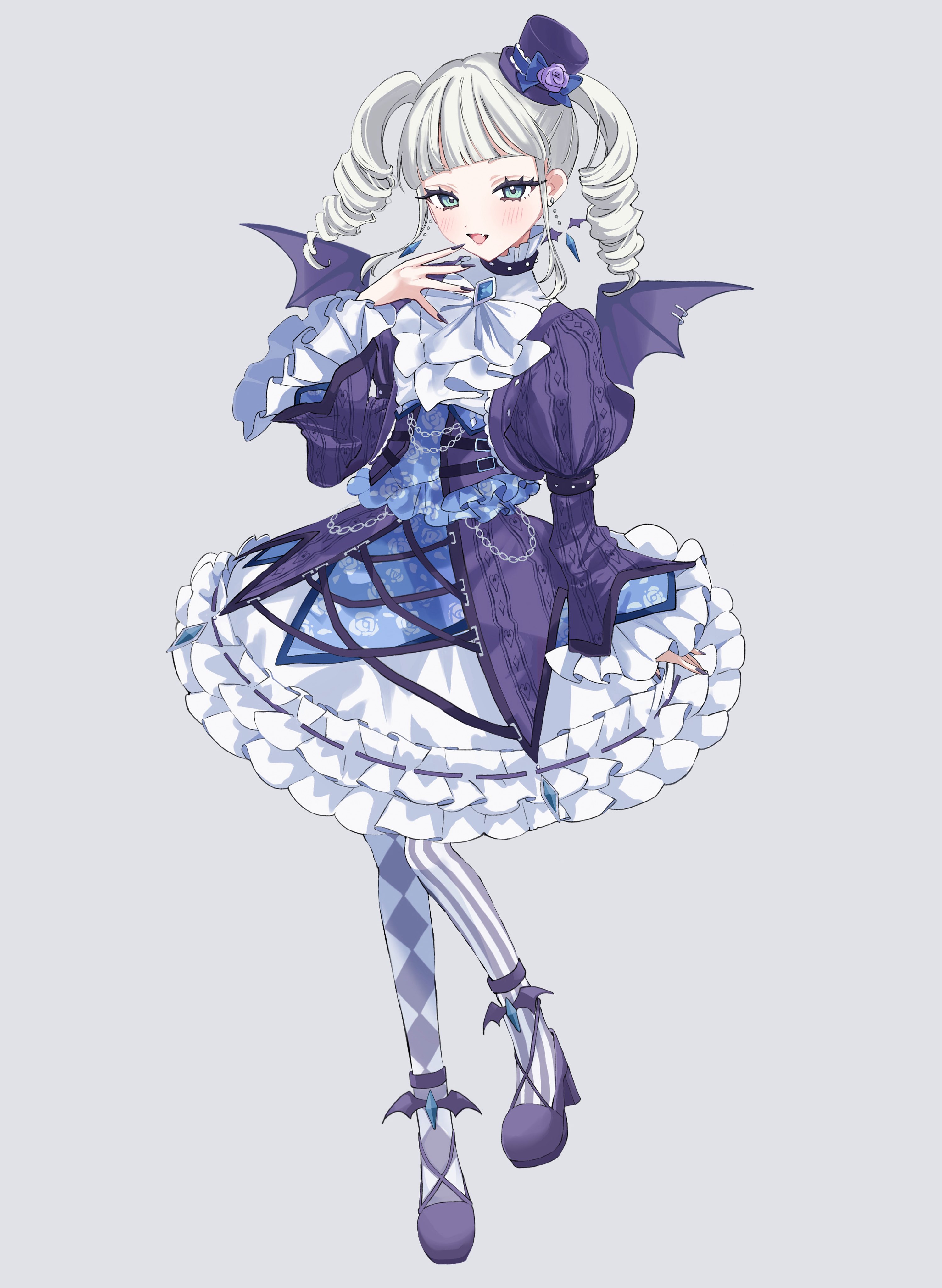guri (ak1002s), todo yurika, aikatsu!, aikatsu! (series), absurdres, highres, 1girl, argyle clothes, argyle pantyhose, asymmetrical legwear, blue gemstone, bow, bowtie, brooch, collar, demon wings, dress, earrings, fake wings, fang, fingernails, frilled collar, frilled dress, frilled skirt, frilled sleeves, frills, full body, gem, green eyes, grey background, grey hair, hat, jewelry, juliet sleeves, long fingernails, long sleeves, looking at viewer, mini hat, mismatched legwear, nail polish, pantyhose, puffy sleeves, purple dress, purple shoes, ribbon-trimmed skirt, ribbon trim, ringlets, shoes, sidelocks, simple background, skirt, smile, solo, strappy heels, striped clothes, striped pantyhose, tilted headwear, top hat, twintails, vertical-striped clothes, vertical-striped pantyhose, white bow, white bowtie, white skirt, wings, wispy bangs