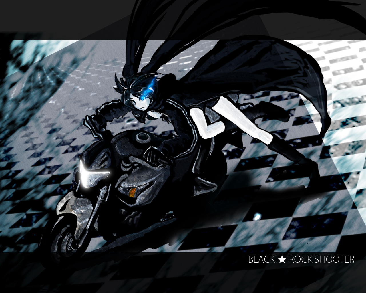 kuroikisi, black rock shooter (character), black rock shooter, vocaloid, vehicle, 10s, bikini, bikini top only, black hair, blue eyes, boots, cape, long hair, motor vehicle, motorcycle, solo, swimsuit, twintails