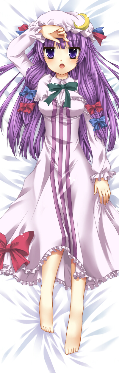 etou (cherry7), patchouli knowledge, touhou, bad id, bad pixiv id, highres, long image, tall image, 1girl, bad anatomy, bad feet, barefoot, dakimakura (medium), dress, feet, female focus, full body, hat, long hair, lying, poorly drawn, purple eyes, purple hair, solo