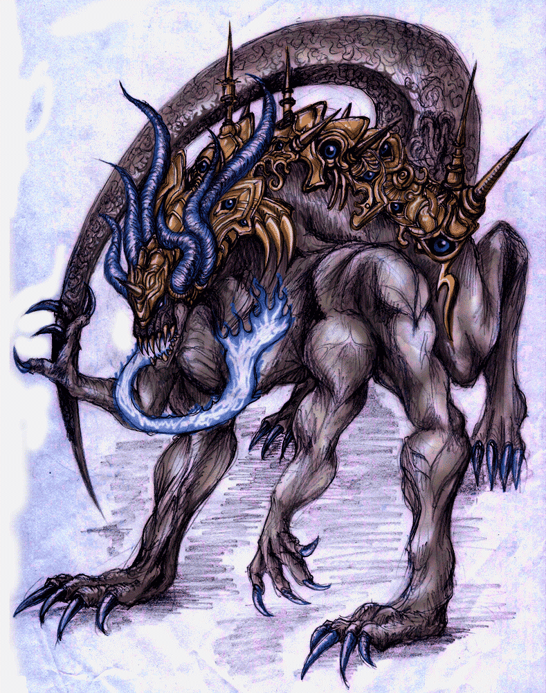 kuroikisi, ultima weapon, final fantasy, final fantasy vi, traditional media, 1990s (style), horns, monster, no humans, solo