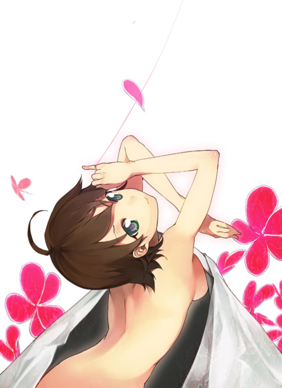 sasamori tomoe, awakened miki, hoshii miki, idolmaster, idolmaster (classic), bad id, bad pixiv id, 00s, 1girl, ahoge, back, breasts, brown hair, female focus, green eyes, large breasts, looking back, nude, short hair, smile, solo, string, string of fate, towel