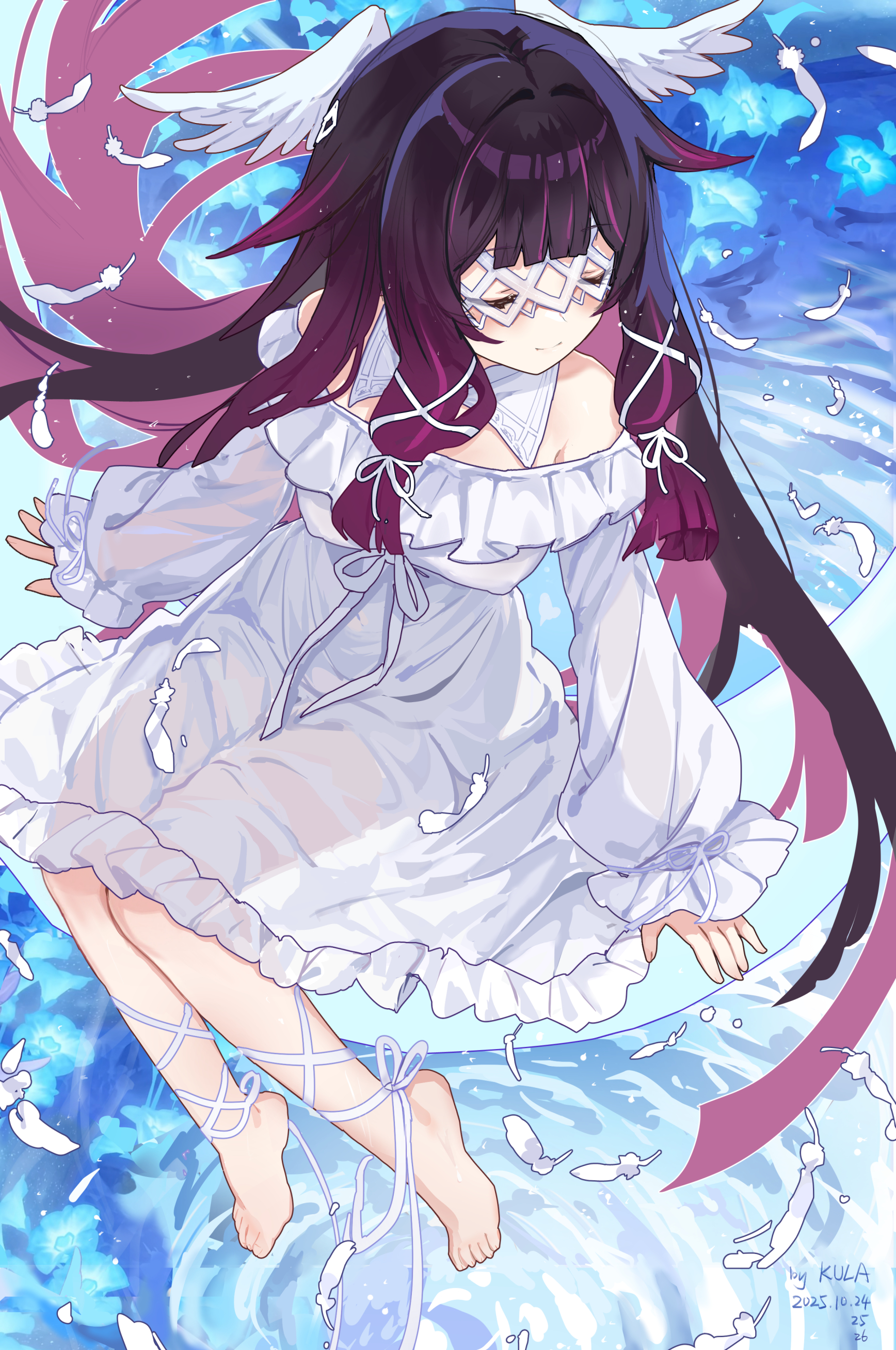 kkkula (kula), columbina (genshin impact), genshin impact, absurdres, chinese commentary, commentary request, highres, 1girl, alternate breast size (larger), artist name, bare shoulders, barefoot, black hair, blue flower, blush, breasts, closed eyes, closed mouth, covered erect nipples, dated, dress, eye mask, flower, full body, gradient hair, head wings, large breasts, light smile, long hair, long sleeves, mask, multicolored hair, off-shoulder dress, off shoulder, purple hair, solo, water, white dress, white wings, wings