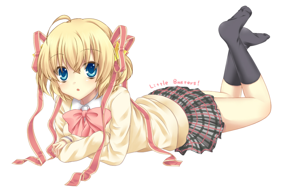 etou (cherry7), kamikita komari, little busters!, bad id, bad pixiv id, 1girl, :o, blonde hair, blue eyes, bow, cardigan, crossed arms, feet, female focus, hair ornament, hair ribbon, legs, long sleeves, lying, miniskirt, on stomach, pink bow, plaid clothes, plaid skirt, pleated skirt, ribbon, school uniform, short hair, simple background, skirt, sleeves past wrists, socks, solo