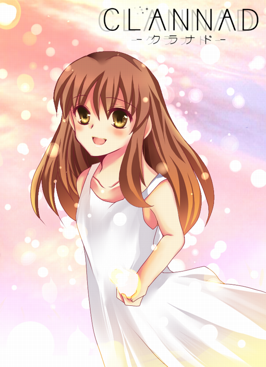 dango (airdanngo), girl from the illusionary world, clannad, bad id, bad pixiv id, 00s, 1girl, bad anatomy, brown eyes, brown hair, dress, female focus, long hair, poorly drawn, solo, sparkle