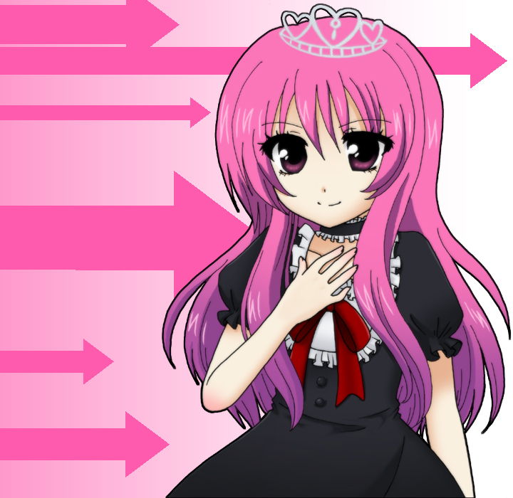 boss (non title), miko+resurrection, albatrosicks, arrow (symbol), bow, choker, crown, dress, frills, gradient hair, long hair, multicolored hair, pink hair, purple eyes, purple hair, ribbon, smile, solo, tiara
