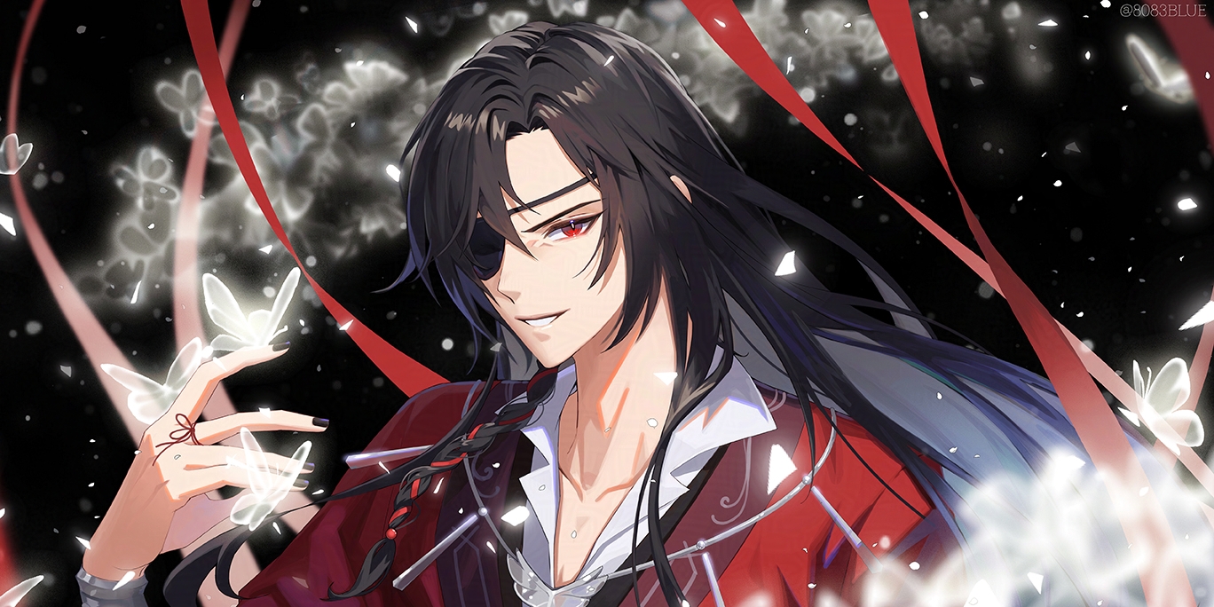8083 blue, hua cheng, tianguan cifu, commentary request, 1boy, black background, black hair, black nails, braid, bug, butterfly, butterfly on hand, eyepatch, insect, long hair, male focus, red eyes, see-through butterfly, shirt, solo, string around finger, upper body, very long hair, white butterfly, white shirt