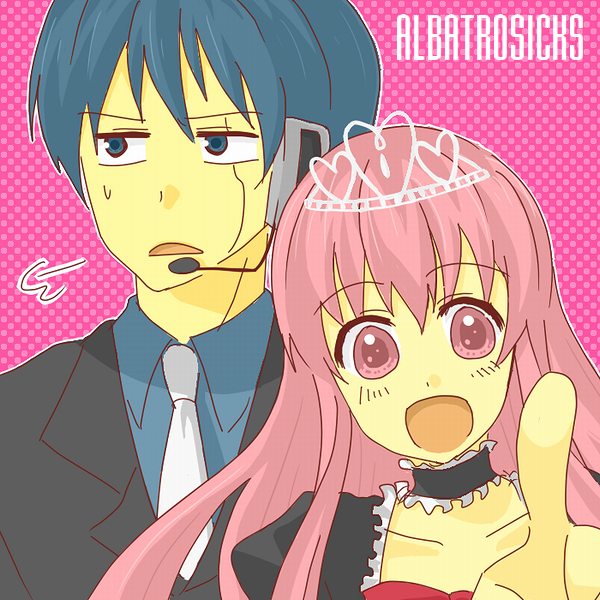 natsui (scs), miko+resurrection, quim underconstruction, albatrosicks, black hair, blue eyes, choker, cigarette, crown, headset, long hair, pink eyes, pink hair, pointing, red eyes, ribbon, smile, tiara
