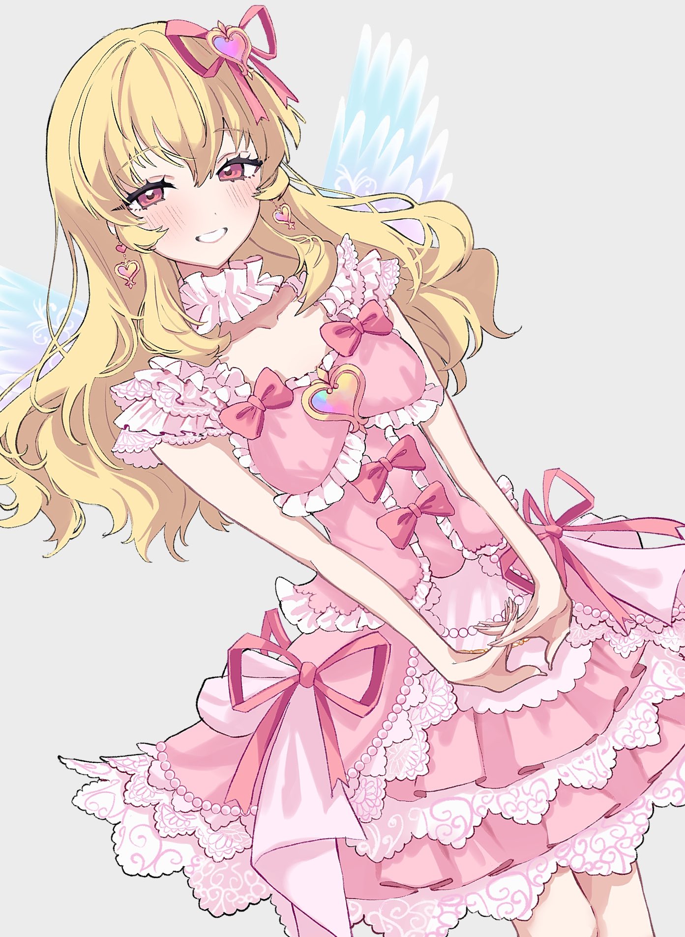 guri (ak1002s), hoshimiya ichigo, aikatsu!, aikatsu! (series), highres, 1girl, angel wings, blonde hair, blush, bow, collar, dress, dutch angle, earrings, fake wings, frilled collar, frills, grey background, grin, hair ribbon, heart, heart earrings, jewelry, long hair, looking at viewer, own hands together, pink bow, pink dress, pink eyes, pink ribbon, ribbon, simple background, sleeveless, sleeveless dress, smile, solo, wings