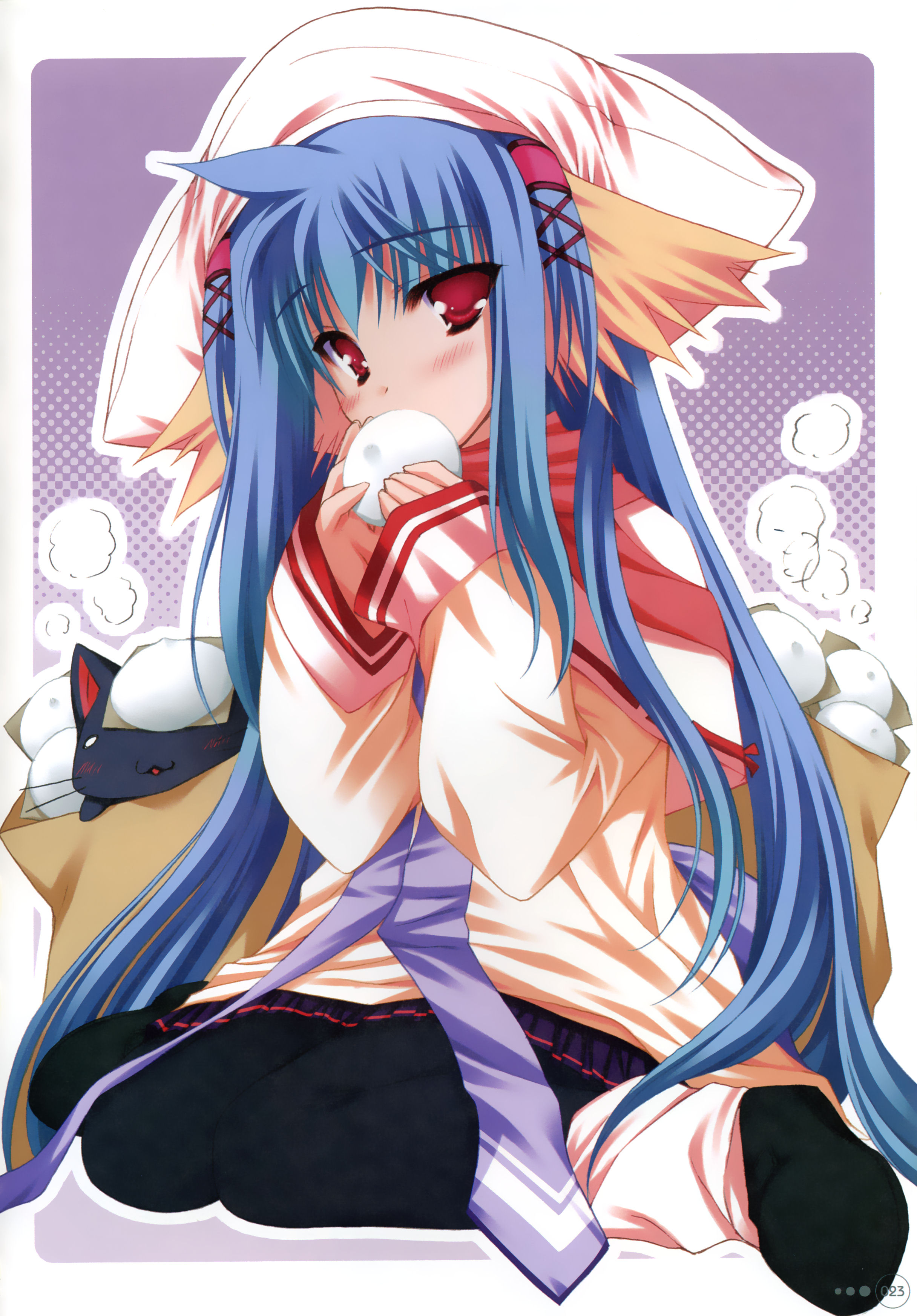 moekibara fumitake, shikishima krile, nursery rhyme, absurdres, highres, 1girl, animal ears, blue hair, cat, eating, female focus, long hair, pantyhose, red eyes, solo