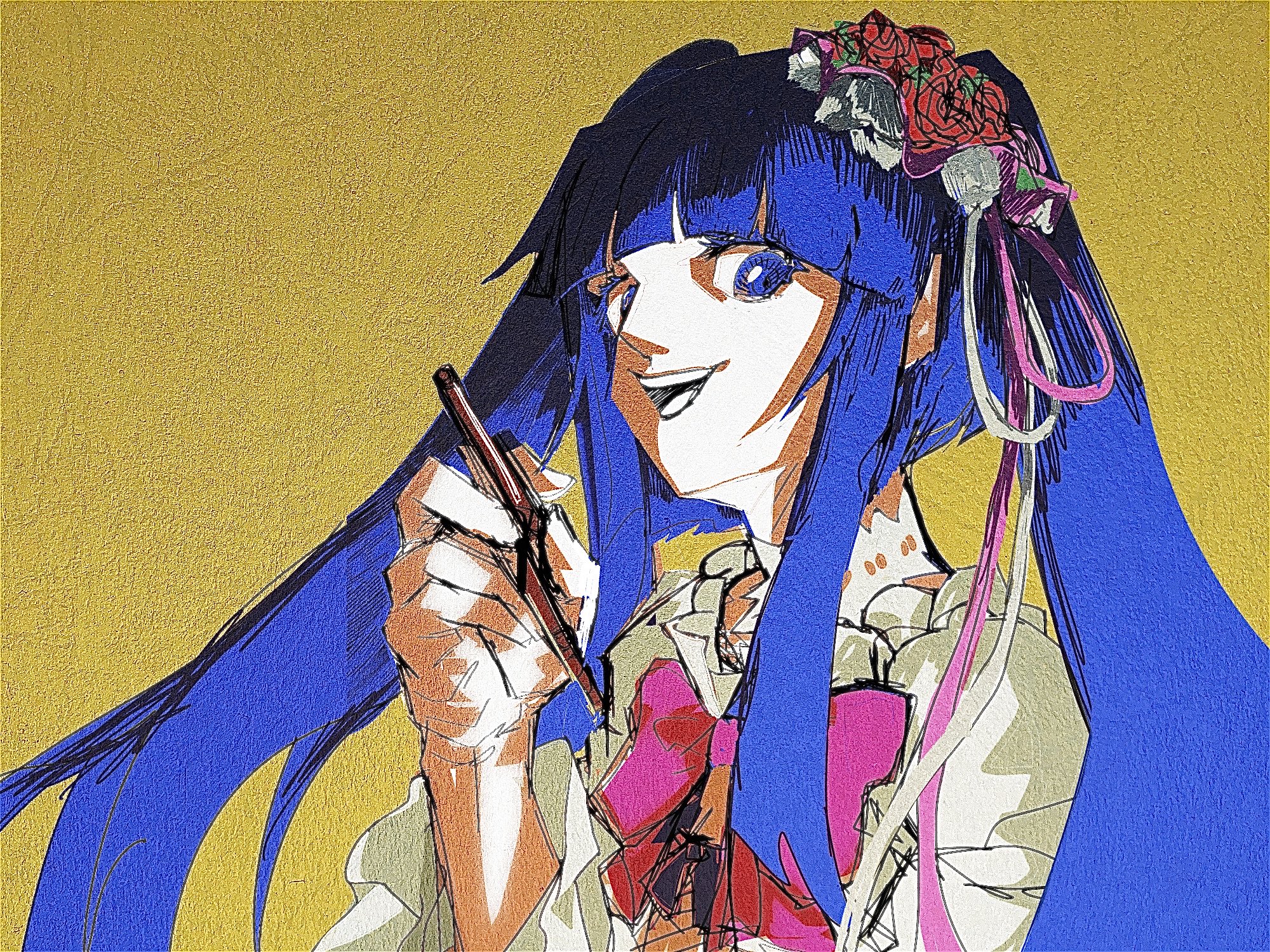 furudo erika, umineko no naku koro ni, highres, 1girl, blue eyes, blue hair, bow, choker, chopsticks, dress, flower, hair flower, hair ornament, holding, holding chopsticks, kakuyasu, long hair, looking at viewer, open mouth, pink bow, red flower, red rose, rose, solo, twintails, white dress, yellow background