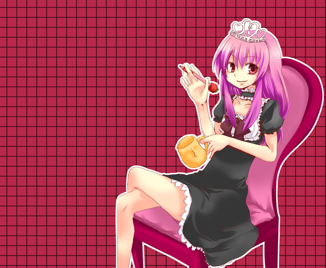 shio (tsumiki asobi), miko+resurrection, albatrosicks, bad id, bad pixiv id, bow, chair, choker, crown, cup, dress, food, frills, fruit, long hair, on chair, pink hair, red eyes, ribbon, smile, strawberry, tiara