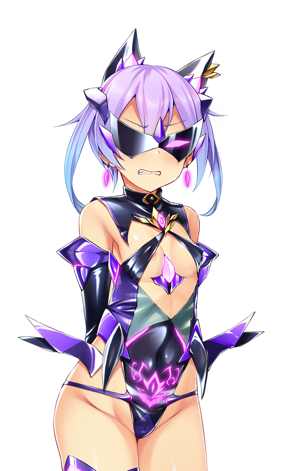 satou kuuki, fujii natsumi (ysphere), soukou seiki ysphere, game cg, large variant set, non-web source, official art, variant set, 1girl, animal ears, arms behind back, bare shoulders, blue hair, blush, breasts, clenched teeth, corruption, covered erect nipples, covered navel, cowboy shot, dark persona, earrings, elbow gloves, evil aqua, gem, gloves, glowing, gradient hair, hair between eyes, highleg, highleg leotard, jewelry, leotard, looking at viewer, mask, multicolored hair, pubic tattoo, purple hair, scowl, shiny clothes, short hair, simple background, small breasts, solo, standing, sunglasses, tattoo, teeth, thighhighs, transparent background, twintails, white background