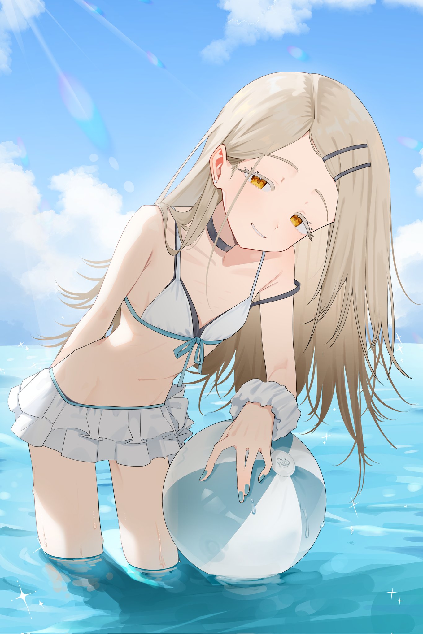 mi tei 0401, shinosawa hiro, gakuen idolmaster, idolmaster, highres, 1girl, arm behind back, ball, blonde hair, blue nails, blue sky, day, flat chest, jewelry, light blush, long hair, looking at viewer, necklace, ocean, sky, smile, swimsuit, water, yellow eyes
