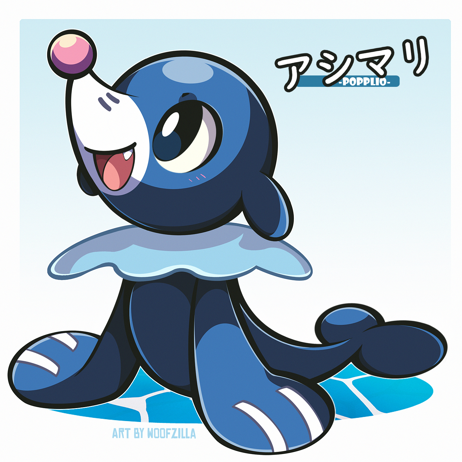 woofzilla, popplio, nintendo, pokemon, commentary, english commentary, highres, translation request, artist name, blush, border, bright pupils, character name, fang, full body, gen 7 pokemon, gradient background, no humans, open mouth, pokemon (creature), simple background, solo, white border, white pupils