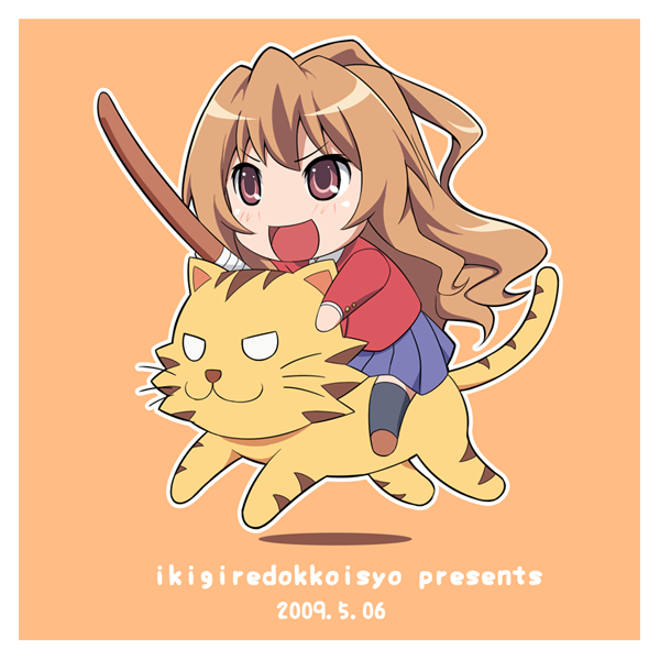 rutarou, aisaka taiga, palmtop tiger, toradora!, bad id, bad pixiv id, 00s, 1girl, bokken, brown eyes, brown hair, chibi, female focus, long hair, riding, school uniform, solo, sword, thighhighs, tiger, weapon, wooden sword