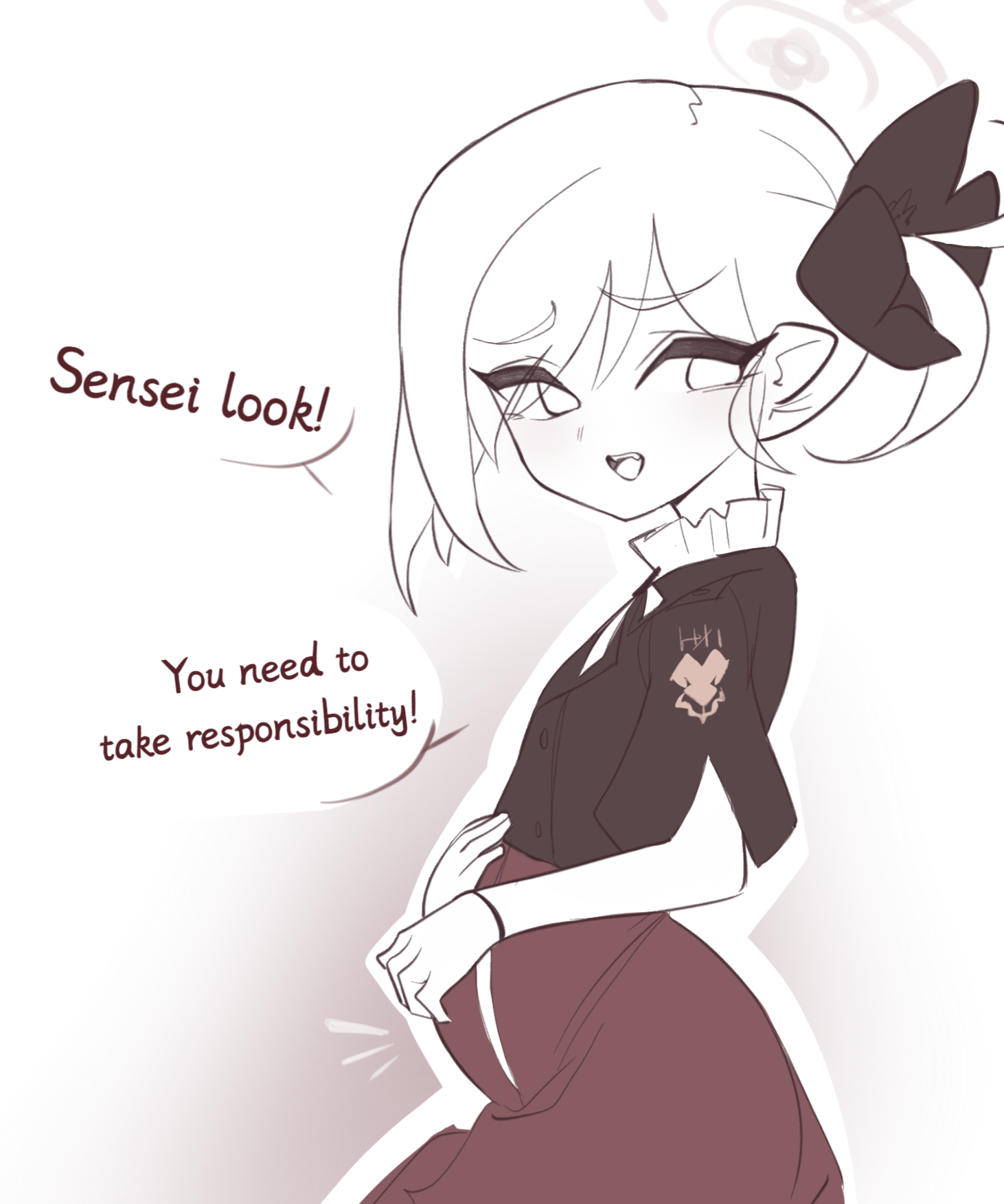 mutsuki (blue archive), blue archive, highres, 1girl, english text, furrowed brow, holding own stomach, looking to the side, notherage, open mouth, teeth, upper teeth only