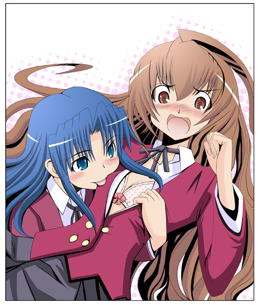 oobayashi mori, aisaka taiga, kawashima ami, toradora!, 00s, 2girls, blue eyes, blue hair, blush, bra, brown eyes, brown hair, good end, licking, lingerie, long hair, multiple girls, open clothes, open mouth, open shirt, school uniform, shirt, underwear, yuri