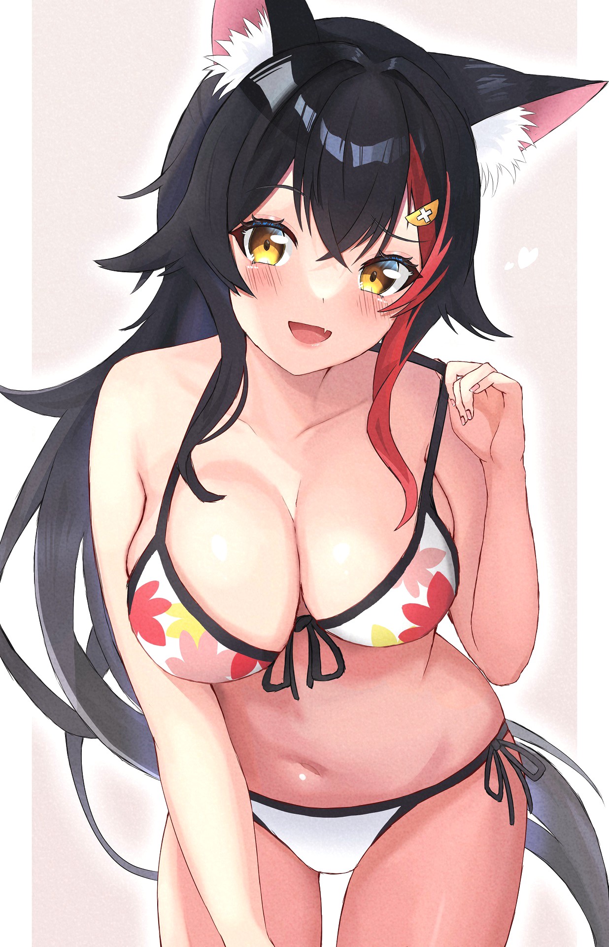 beaterpx, ookami mio, ookami mio (hololive summer 2019), hololive, highres, 1girl, animal ear fluff, animal ears, bikini, black hair, blush, breasts, cleavage, collarbone, front-tie bikini top, front-tie top, hair between eyes, hair ornament, large breasts, leaf print, leaning forward, long hair, looking at viewer, multicolored hair, navel, official alternate costume, open mouth, red hair, side-tie bikini bottom, smile, solo, stomach, streaked hair, swimsuit, tail, very long hair, virtual youtuber, white bikini, wolf ears, wolf girl, wolf tail, yellow eyes